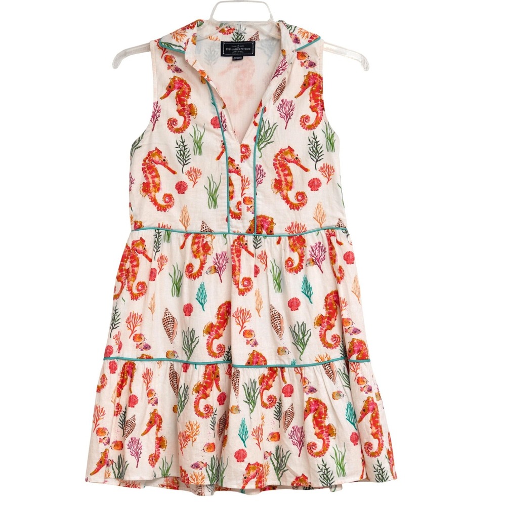 Kiel James Patrick Linen Dress Nautical Seahorse Coral Colorful Print Tiered SzS